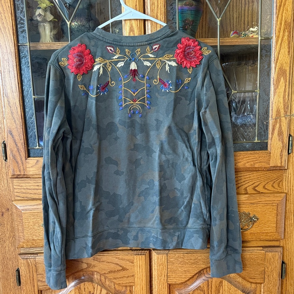 DRIFTWOOD Floral Embroidered Sweatshirt - Green Camo with Red and Pink Florals - Picture 2 of 9